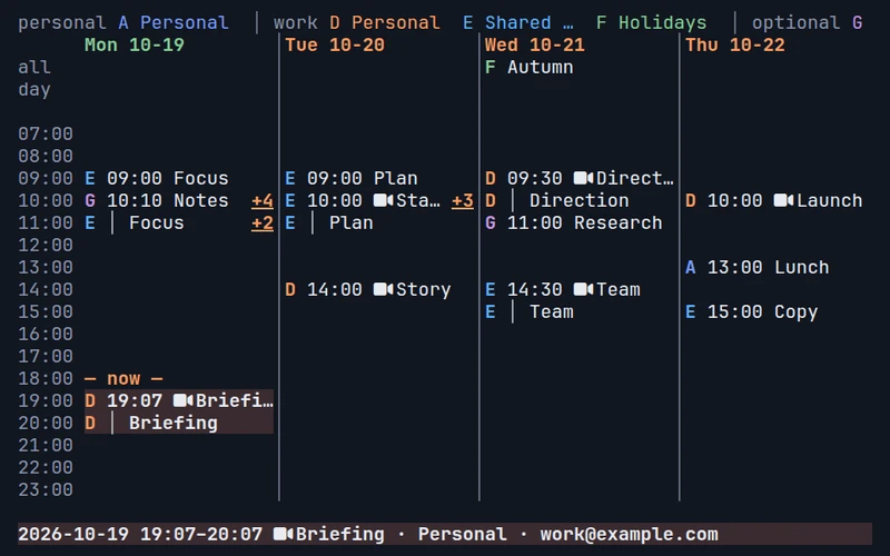 omagma terminal calendar: one week combining calendars from three Google accounts, with meetings and Meet links